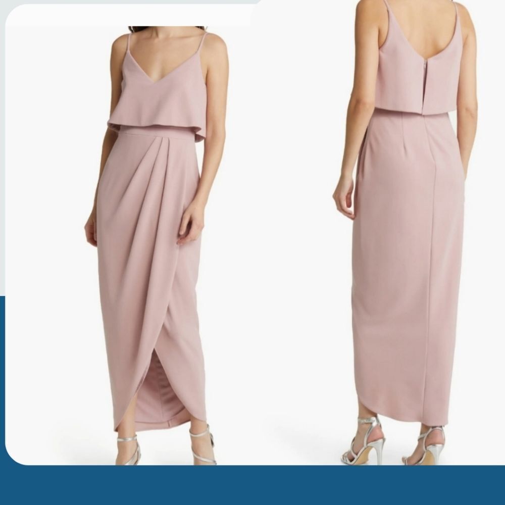 NWOT XSCAPE Size 4 Pink Crepe Sleeveless V-neckline Ruffle Top Tulip Hem Gown